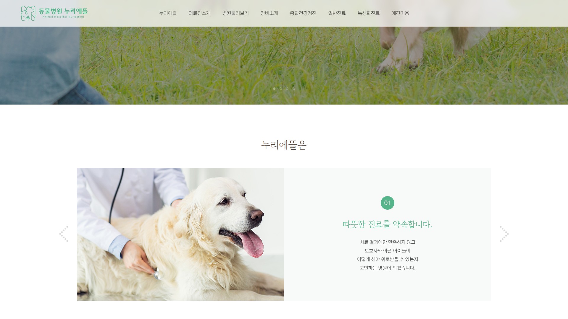 유어데브에서 제작한 동물병원 누리에뜰 홈페이지 PC 디자인