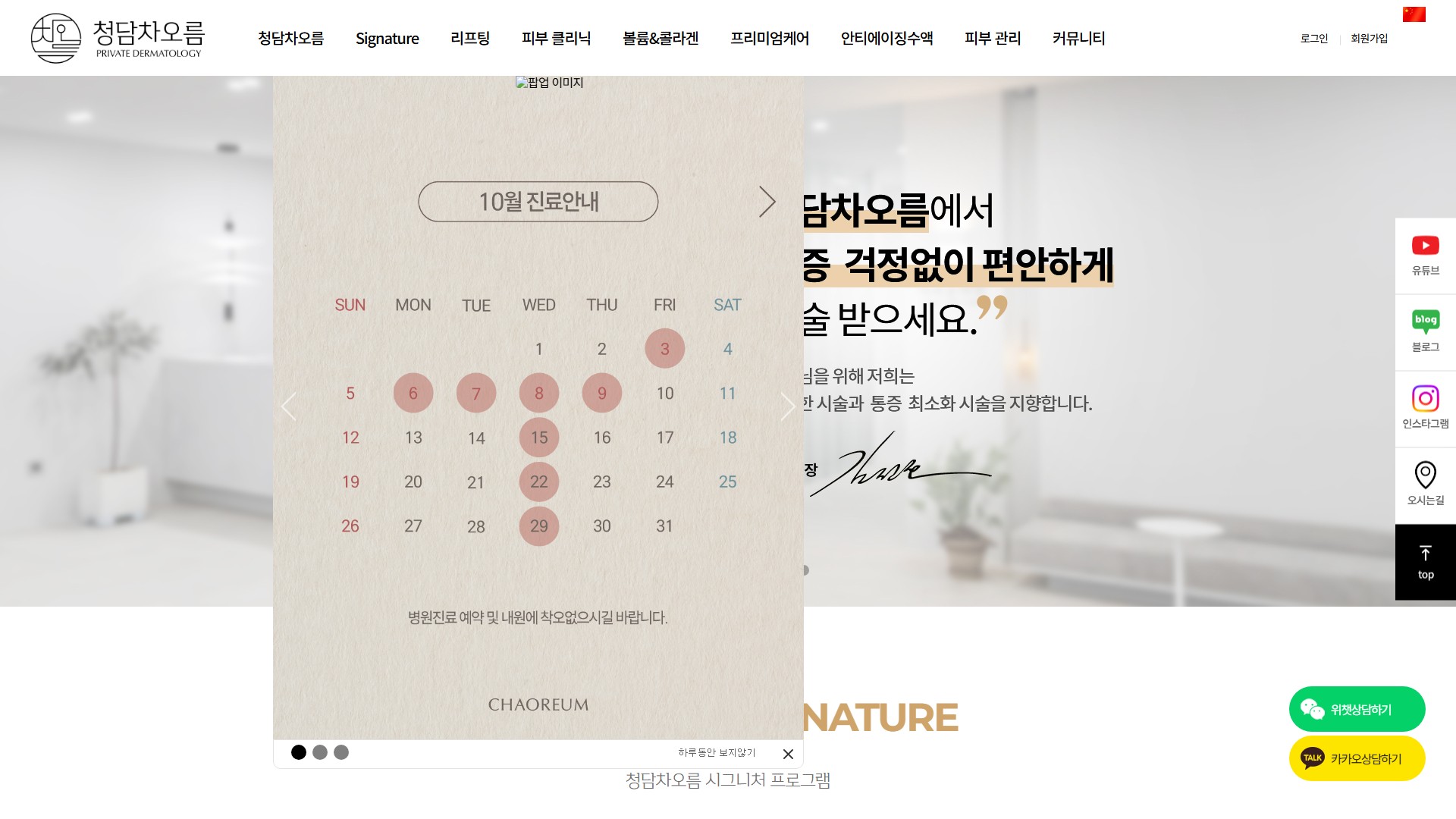 유어데브에서 제작한 청담차오름의원 홈페이지 PC 디자인